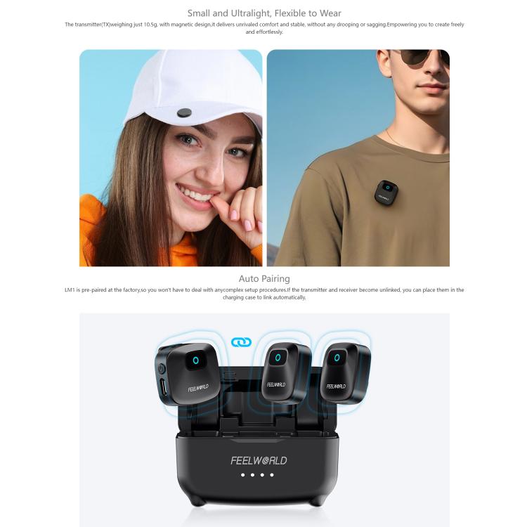 Microfono lavalier wireless FEELWORLD LM1 per telefono, computer e fotocamera, 2 trasmettitori + 1 ricevitore + custodia di ricarica