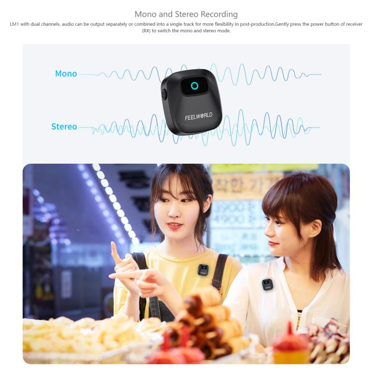 Microfono lavalier wireless FEELWORLD LM1 per telefono, computer e fotocamera, 2 trasmettitori + 1 ricevitore + custodia di ricarica