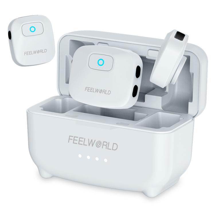 Microfono lavalier wireless FEELWORLD LM1 per telefono, computer e fotocamera, 2 trasmettitori + 1 ricevitore + custodia di ricarica