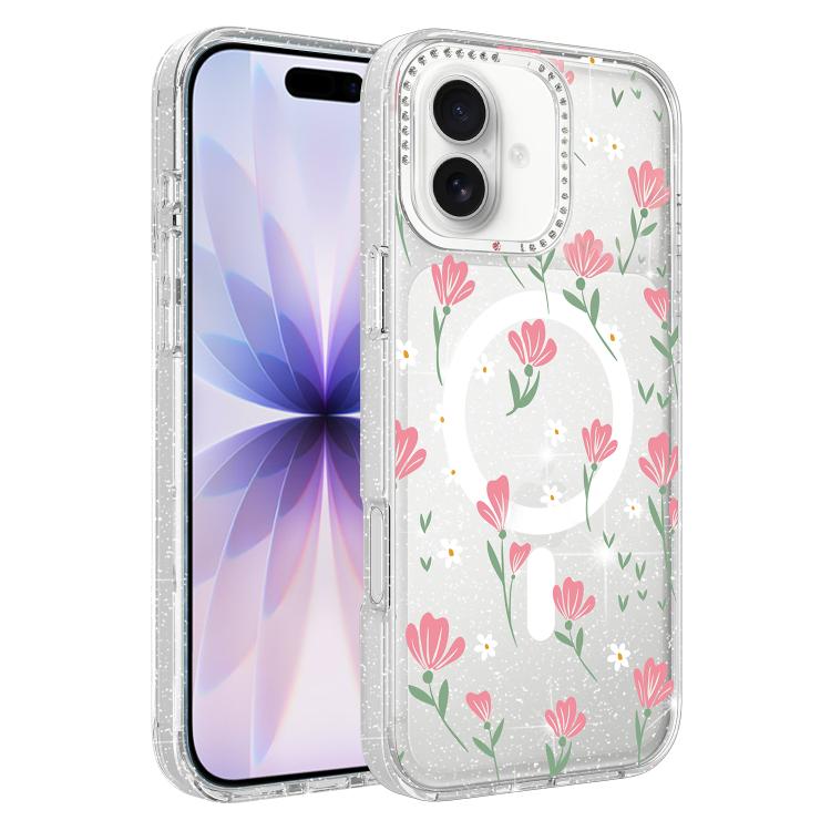 Custodia magnetica glitter con motivo floreale per iPhone 17