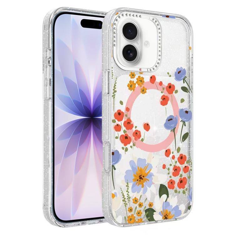 Custodia magnetica glitter con motivo floreale per iPhone 17