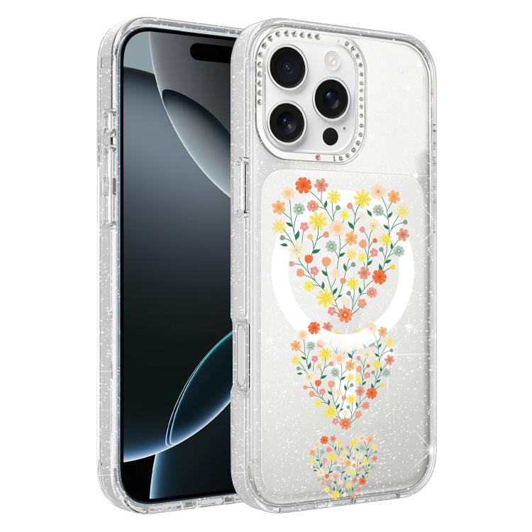Custodia magnetica glitter con motivo floreale per iPhone 17