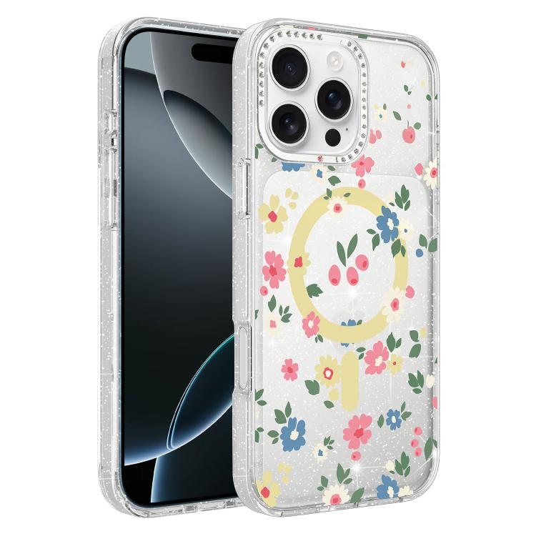 Custodia magnetica glitter con motivo floreale per iPhone 17