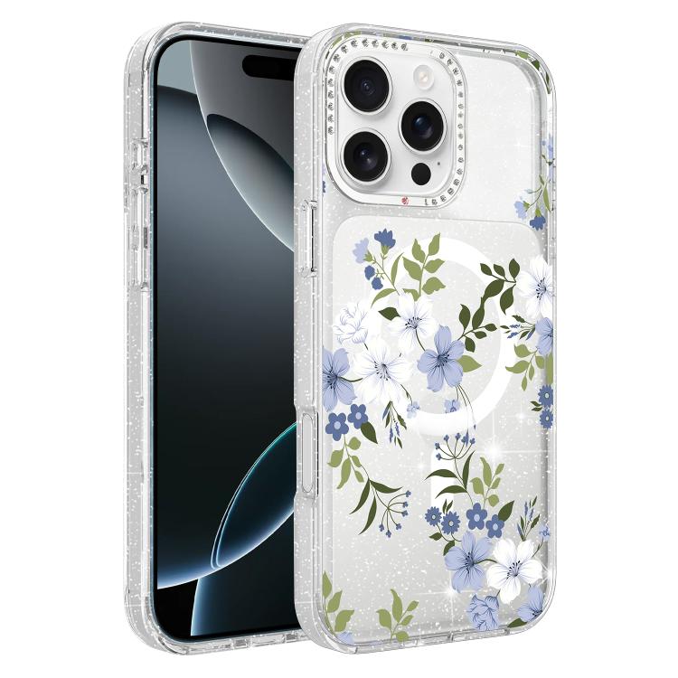 Custodia magnetica glitter con motivo floreale per iPhone 17