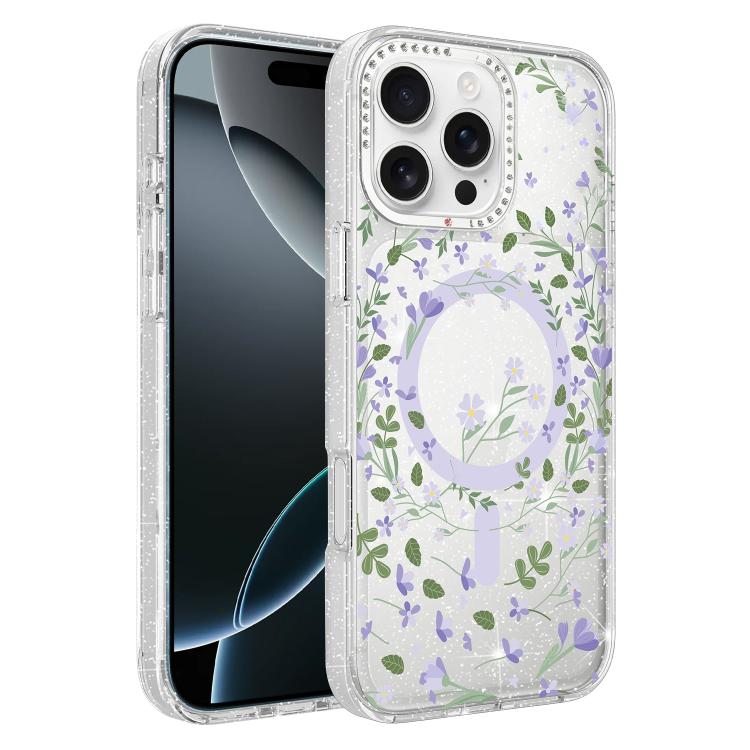 Custodia magnetica glitter con motivo floreale per iPhone 17