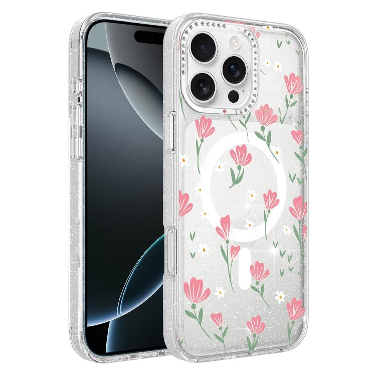 Custodia magnetica glitter con motivo floreale per iPhone 17