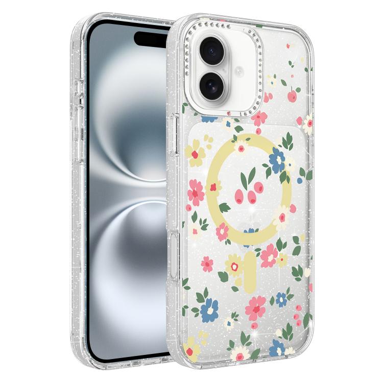 Custodia magnetica glitter con motivo floreale per iPhone 17
