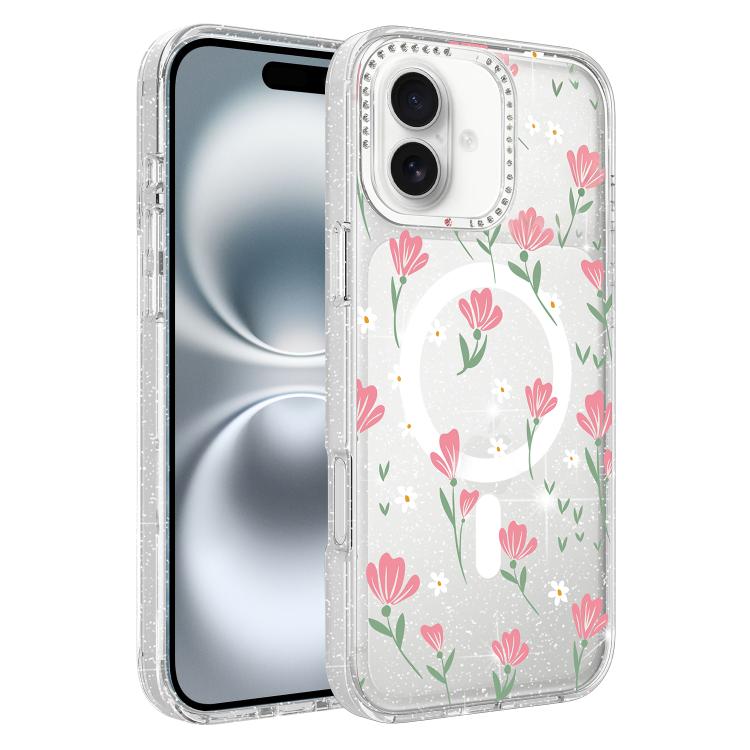 Custodia magnetica glitter con motivo floreale per iPhone 17