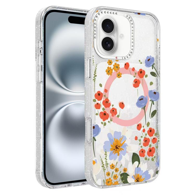 Custodia magnetica glitter con motivo floreale per iPhone 17