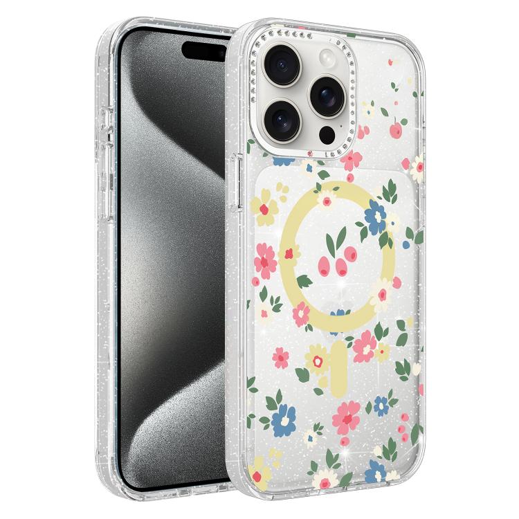 Custodia magnetica glitter floreale per iPhone 15 Pro Max