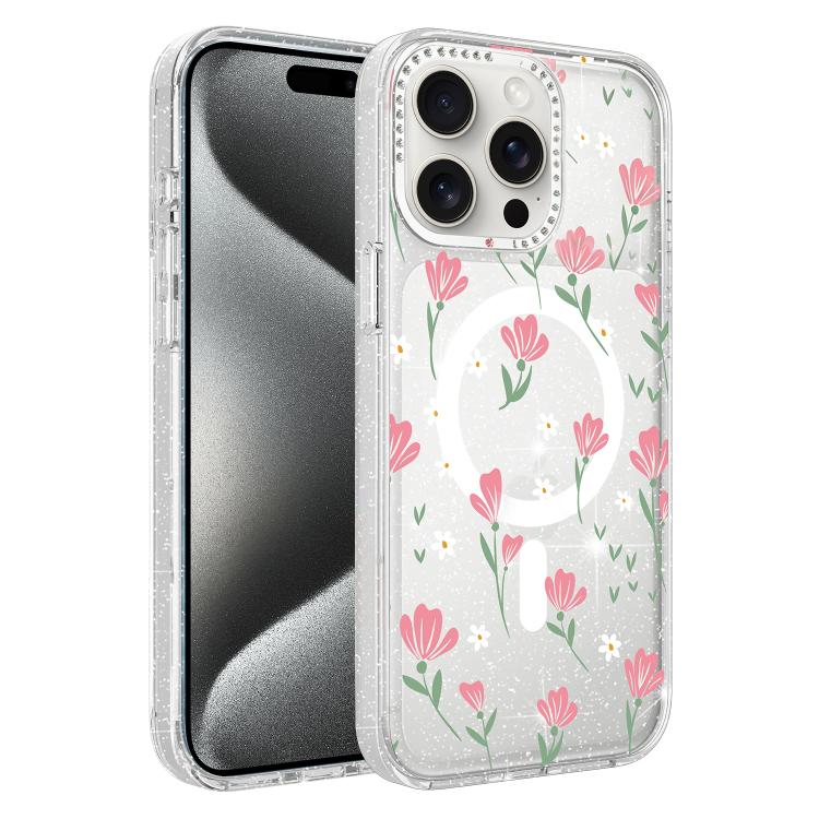 Custodia magnetica glitter floreale per iPhone 15 Pro Max