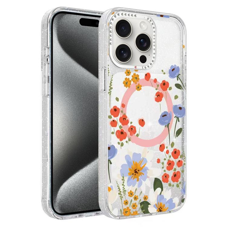 Custodia magnetica glitter floreale per iPhone 15 Pro Max