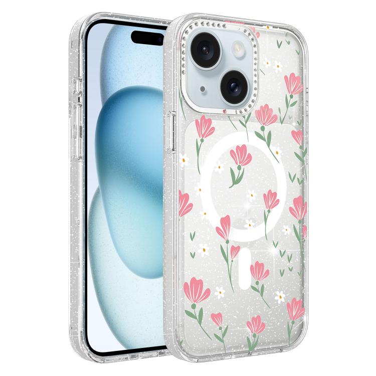 Custodia magnetica glitter floreale per iPhone 15 Pro Max