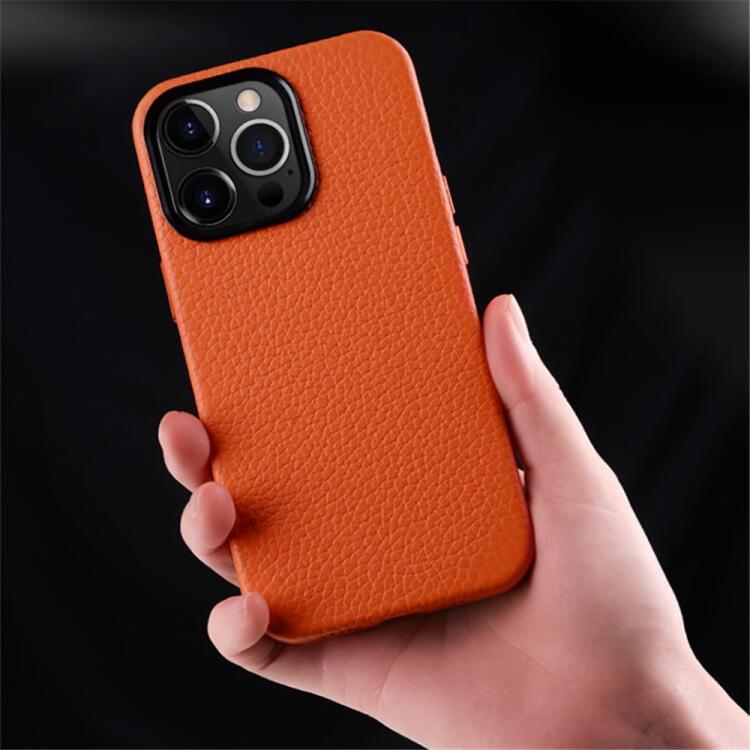 Custodia in vera pelle per iPhone 15 Pro Max con cornice metallic