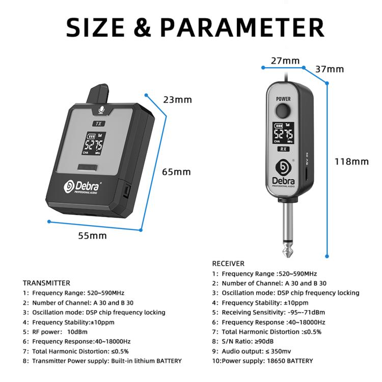 Sistema microfonico wireless UHF indossabile DEBRA DT-01, 1 trasmettitore e 1 ricevitore., DT-01