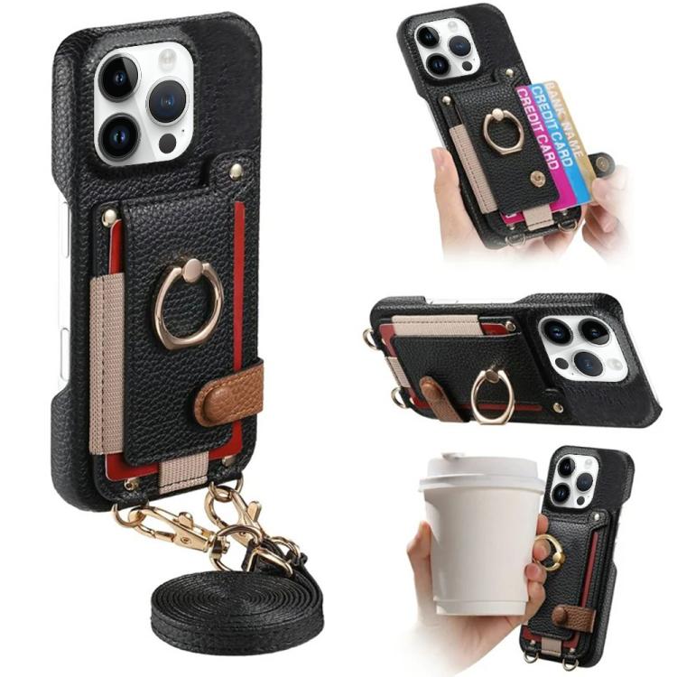 Custodia portafoglio in pelle vegana con anello per iPhone 16 Pro