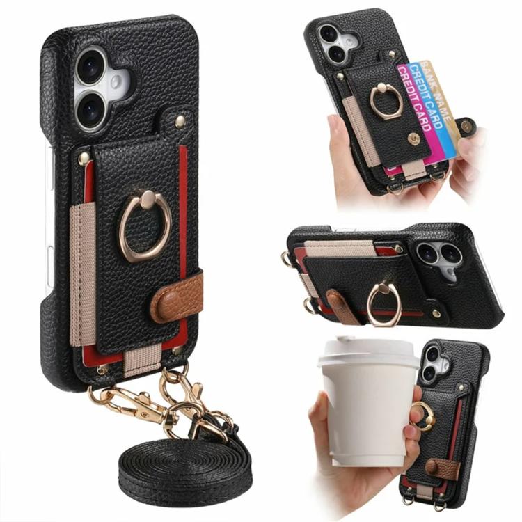 Custodia portafoglio in pelle vegana con anello per iPhone 16 Pro