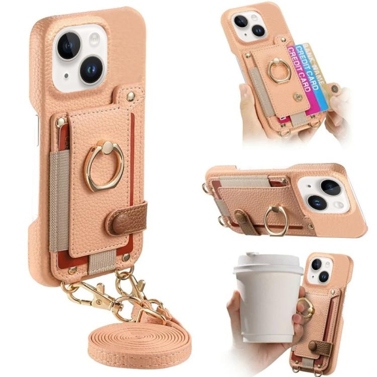 Custodia portafoglio in pelle vegana con anello per iPhone 15