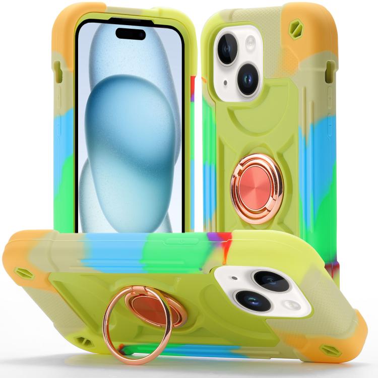 Custodia ibrida silicone PC con doppio anello per iPhone 15