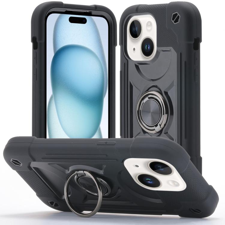 Custodia ibrida silicone PC con doppio anello per iPhone 15