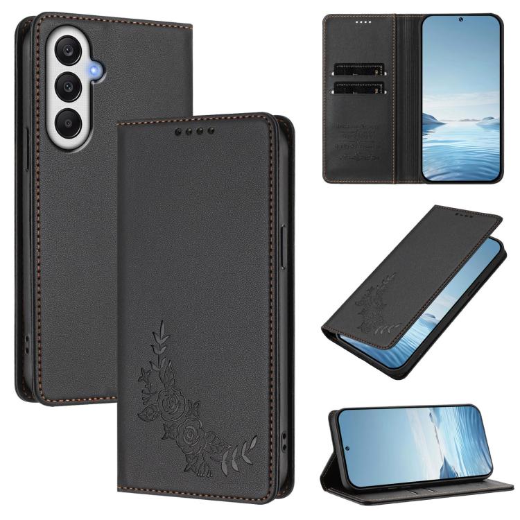 Custodia per telefono magnetica RFID in ecopelle con motivo peonia in rilievo., For Galaxy A16 4G / 5G, For Galaxy A05s / F14 4G