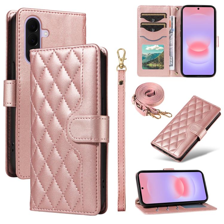 Custodia in pelle con griglia a rombi e tre scomparti per Galaxy A27 5G
