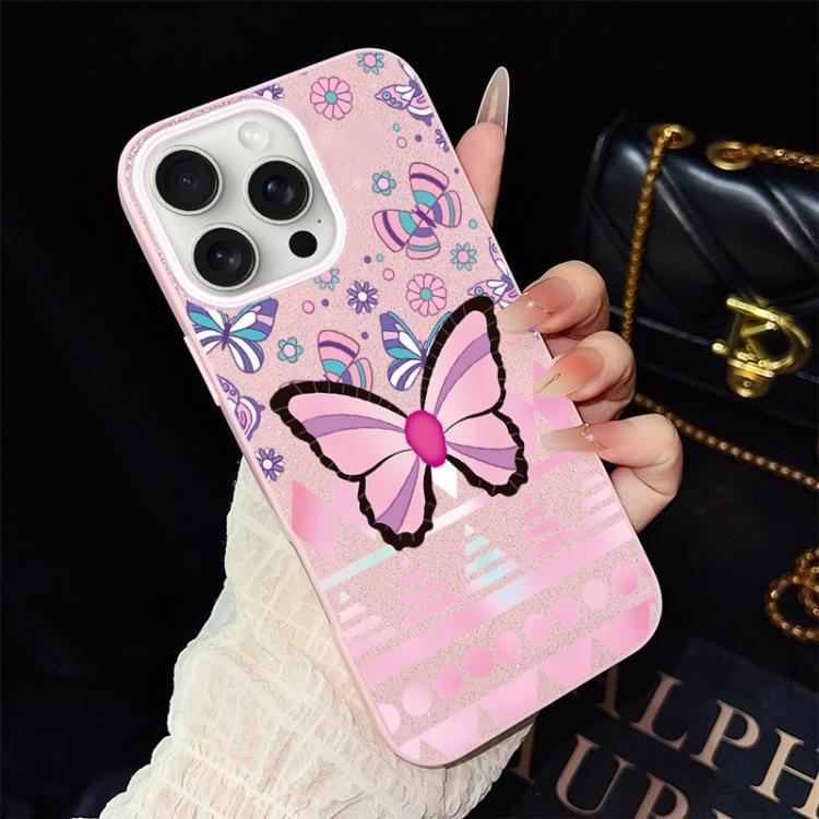 Custodia ibrida PC TPU glitter farfalle rosa per iPhone