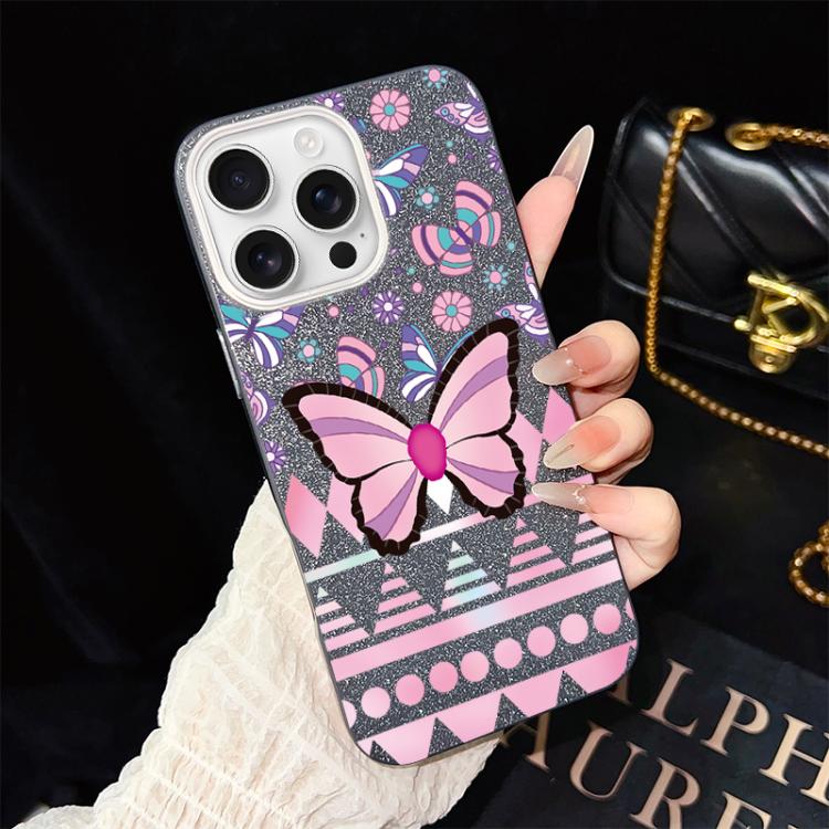 Custodia ibrida PC TPU glitter farfalle rosa per iPhone
