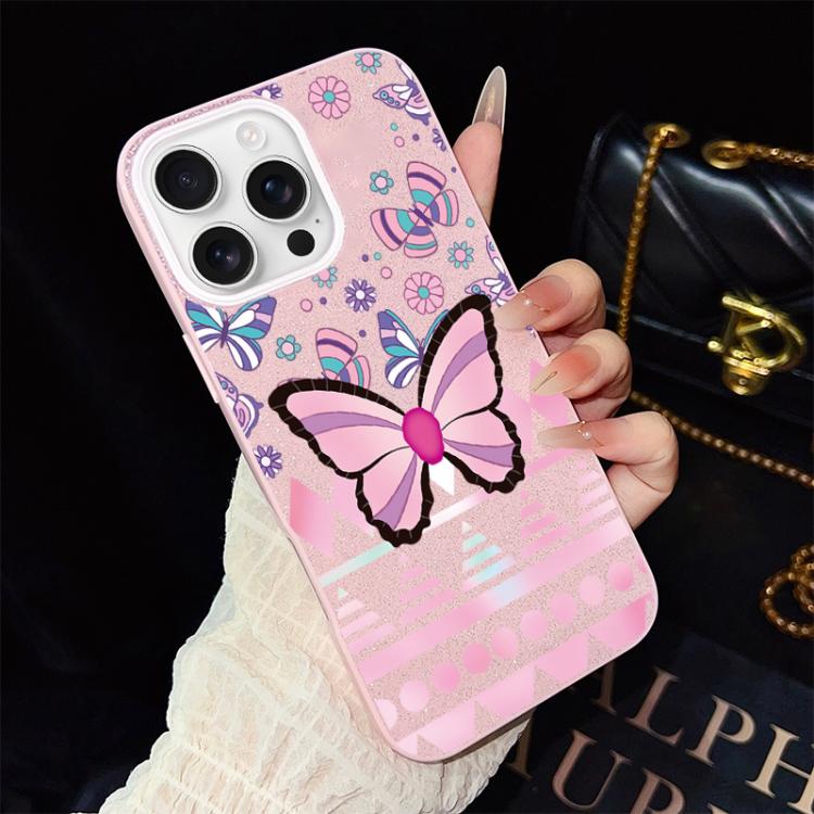 Custodia ibrida PC TPU glitter farfalle rosa per iPhone