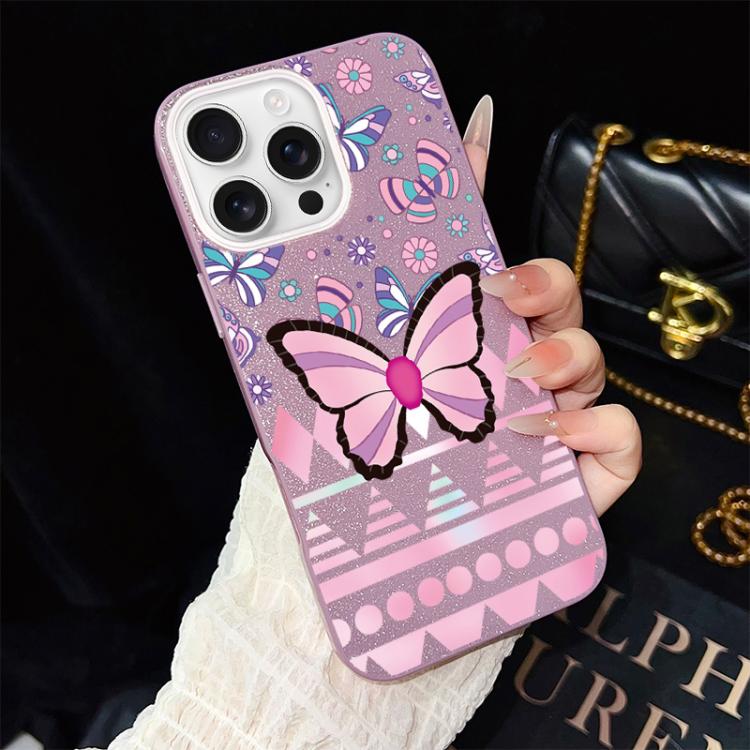 Custodia ibrida PC TPU glitter farfalle rosa per iPhone
