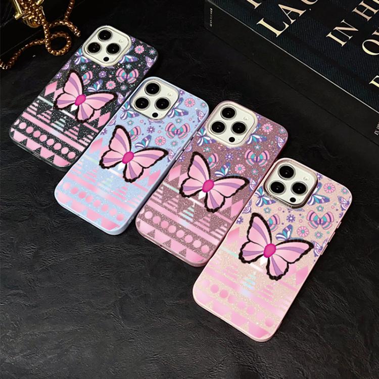 Custodia ibrida PC TPU glitter farfalle rosa per iPhone