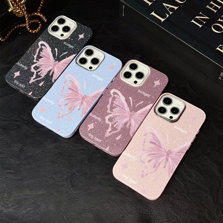 Custodia ibrida PC TPU con stelle rosa e farfalle per iPhone