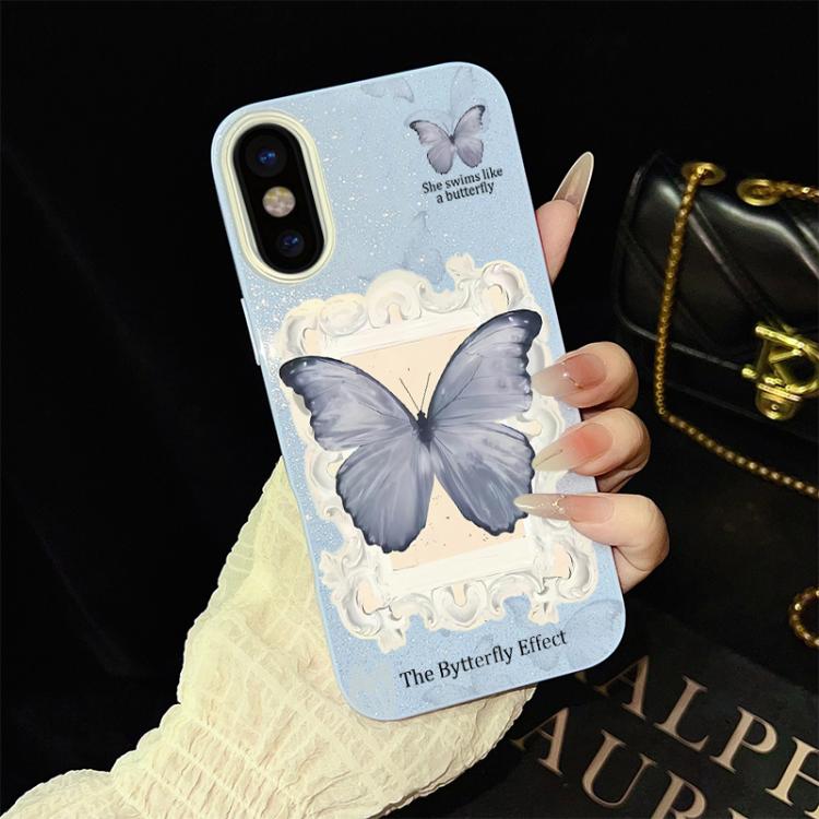 Custodia ibrida PC TPU con glitter farfalla blu per iPhone