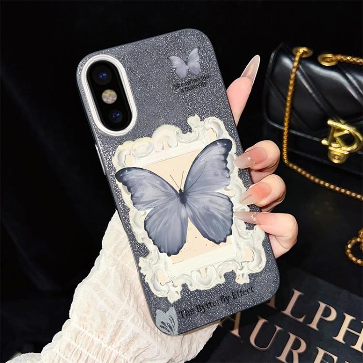 Custodia ibrida PC TPU con glitter farfalla blu per iPhone