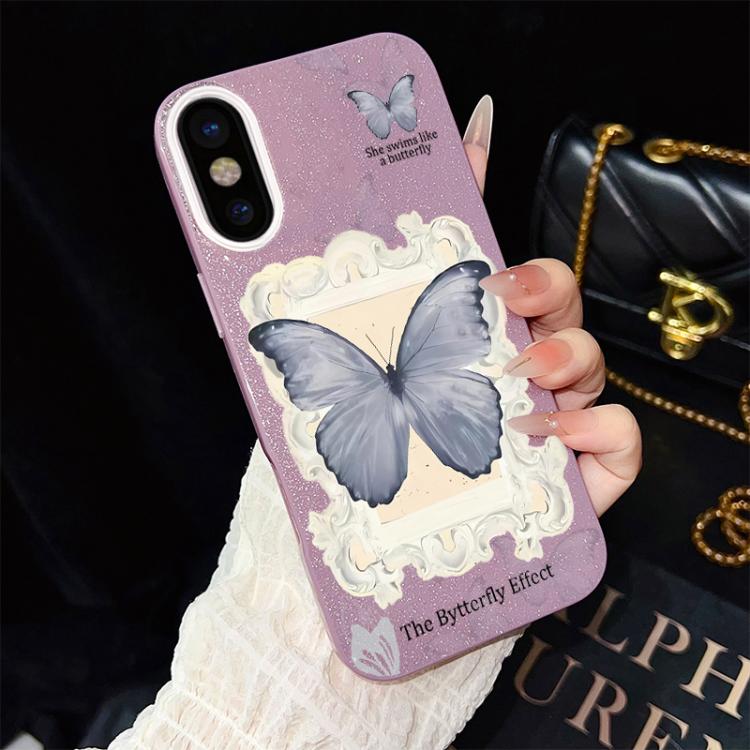 Custodia ibrida PC TPU con glitter farfalla blu per iPhone