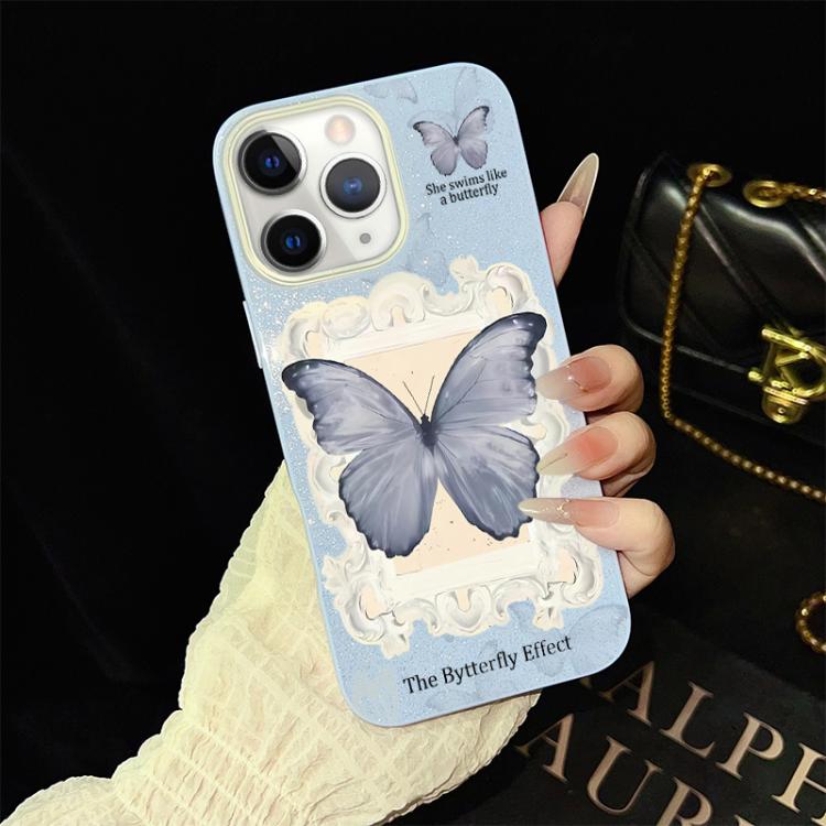 Custodia ibrida PC TPU con glitter farfalla blu per iPhone