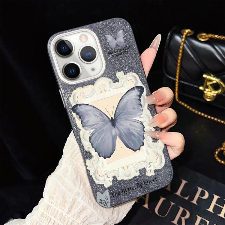 Custodia ibrida PC TPU con glitter farfalla blu per iPhone