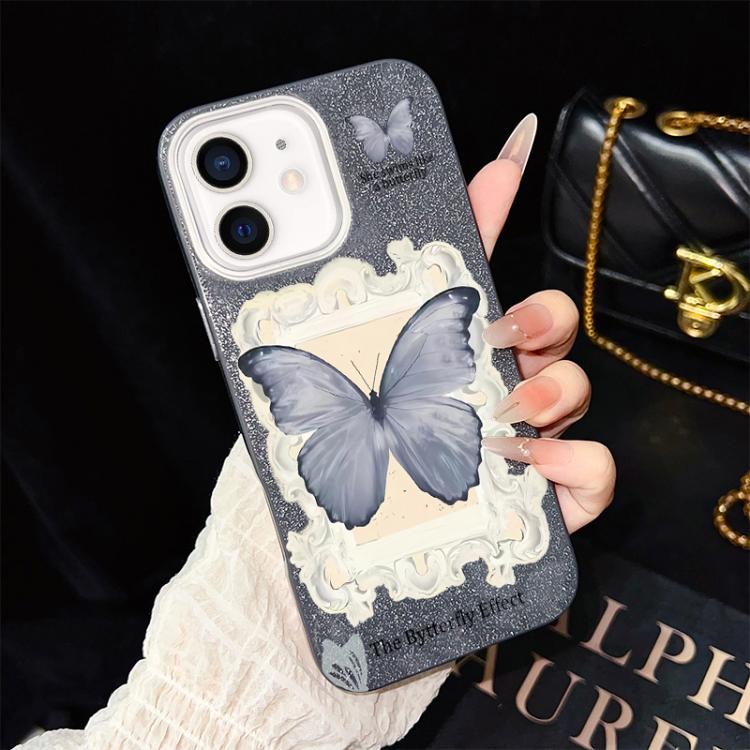 Custodia ibrida PC TPU con glitter farfalla blu per iPhone