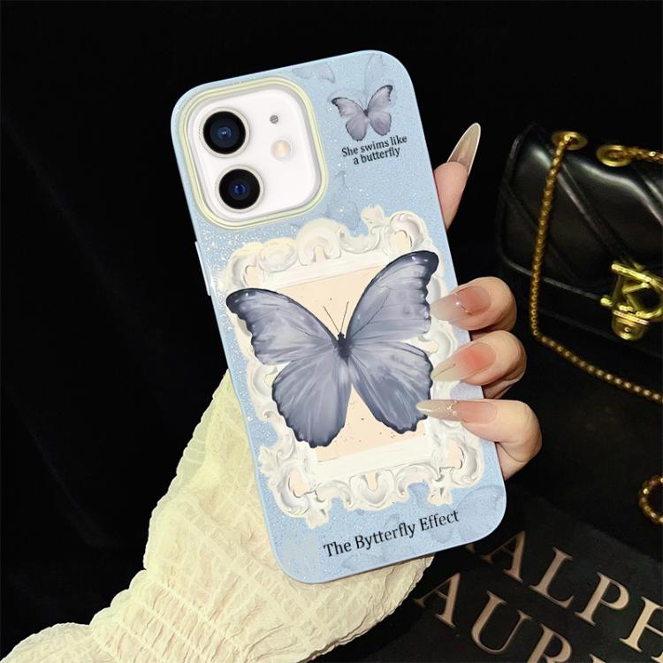 Custodia ibrida PC TPU con glitter farfalla blu per iPhone