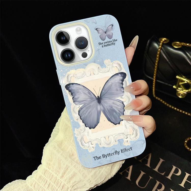 Custodia ibrida PC TPU con glitter farfalla blu per iPhone
