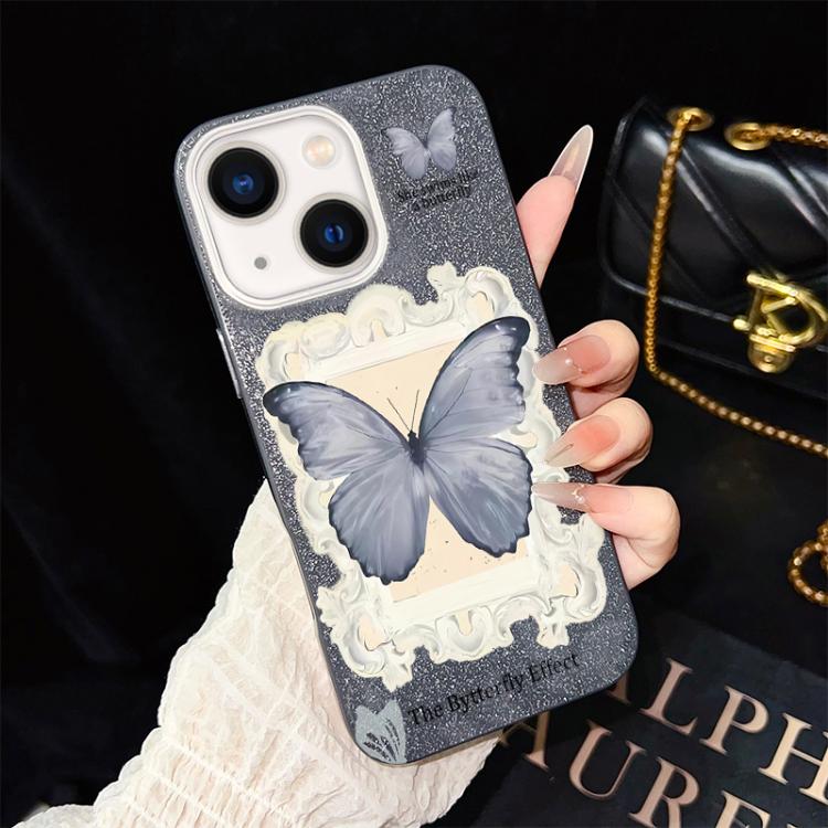 Custodia ibrida PC TPU con glitter farfalla blu per iPhone