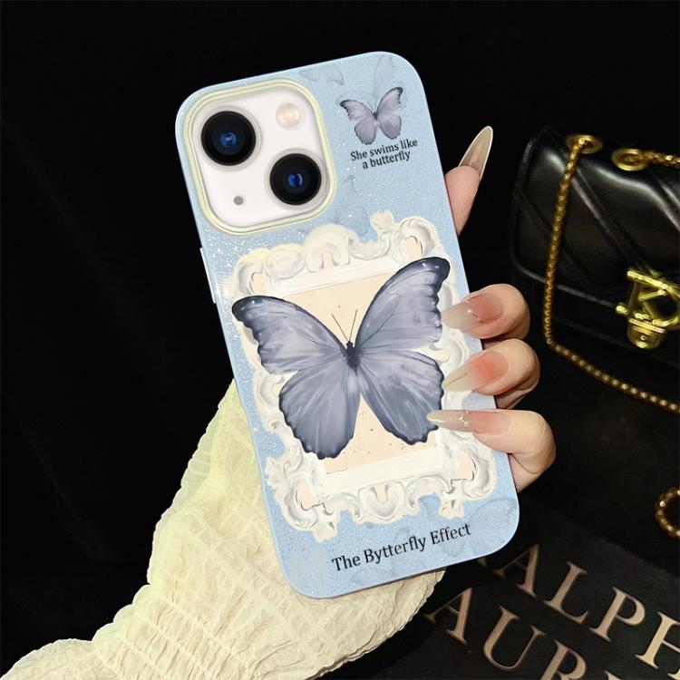 Custodia ibrida PC TPU con glitter farfalla blu per iPhone