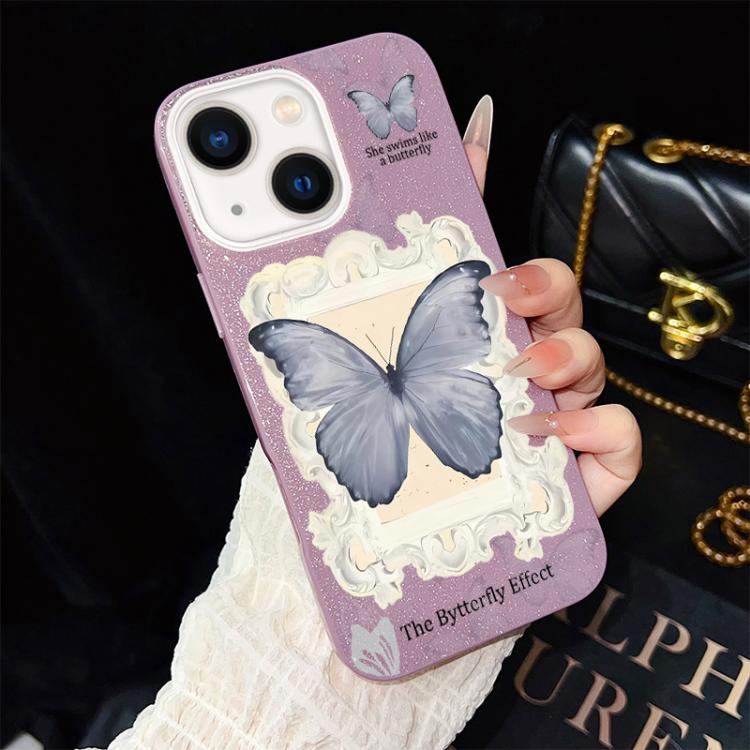 Custodia ibrida PC TPU con glitter farfalla blu per iPhone