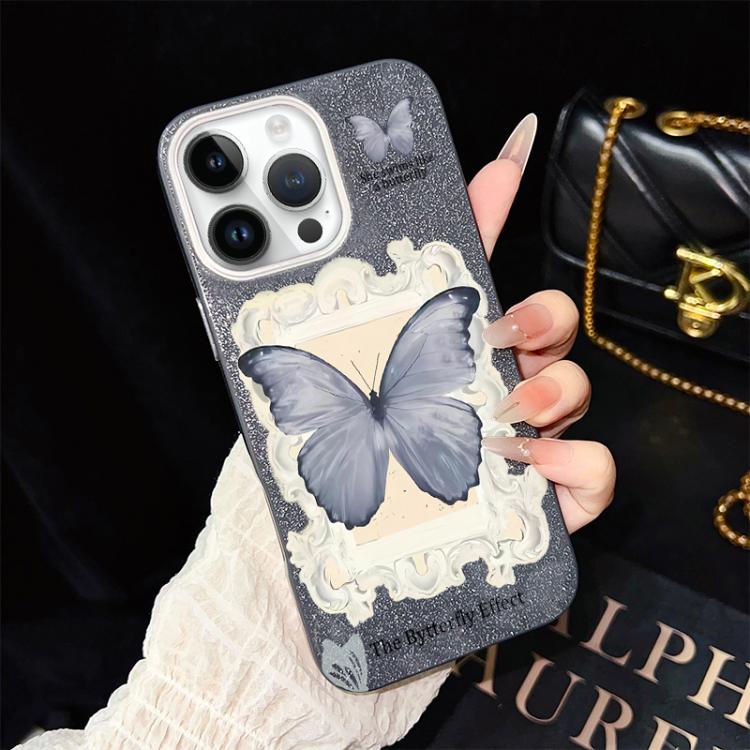 Custodia ibrida PC TPU con glitter farfalla blu per iPhone