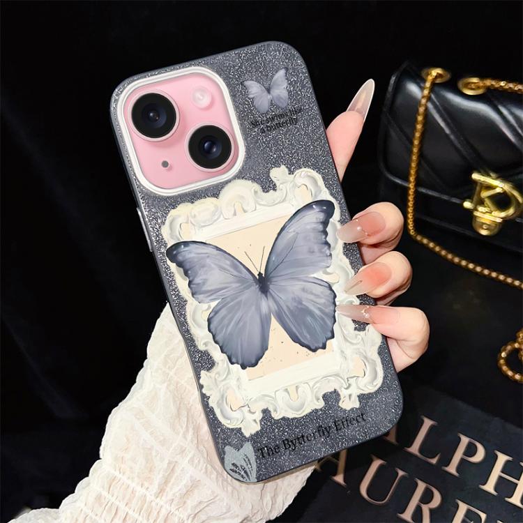 Custodia ibrida PC TPU con glitter farfalla blu per iPhone