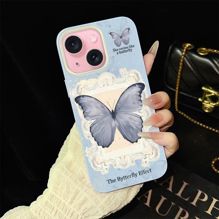 Custodia ibrida PC TPU con glitter farfalla blu per iPhone