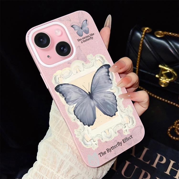 Custodia ibrida PC TPU con glitter farfalla blu per iPhone