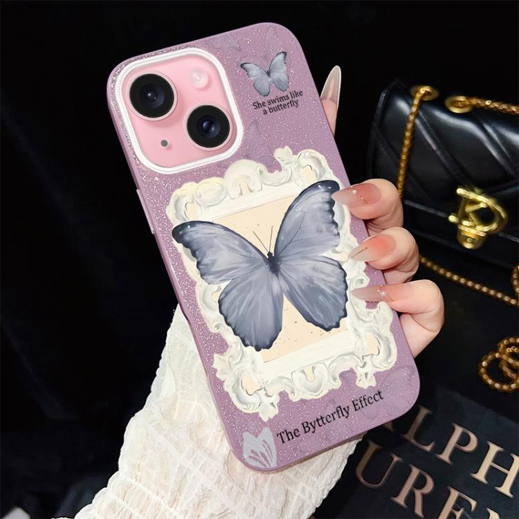 Custodia ibrida PC TPU con glitter farfalla blu per iPhone