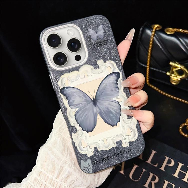 Custodia ibrida PC TPU con glitter farfalla blu per iPhone