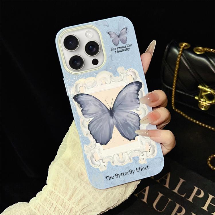 Custodia ibrida PC TPU con glitter farfalla blu per iPhone